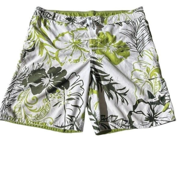 Breakwater Mens Size Large Hawaiian Swim Trunks‎ Green White Floral Beach Board - Picture 1 of 10